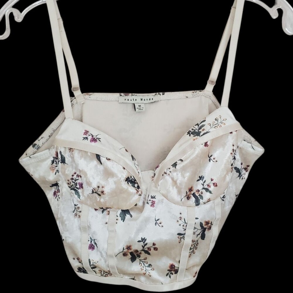Haute Monde Bralette Corsette Bustier Top M Ivory Floral Velvet Boho Coquette